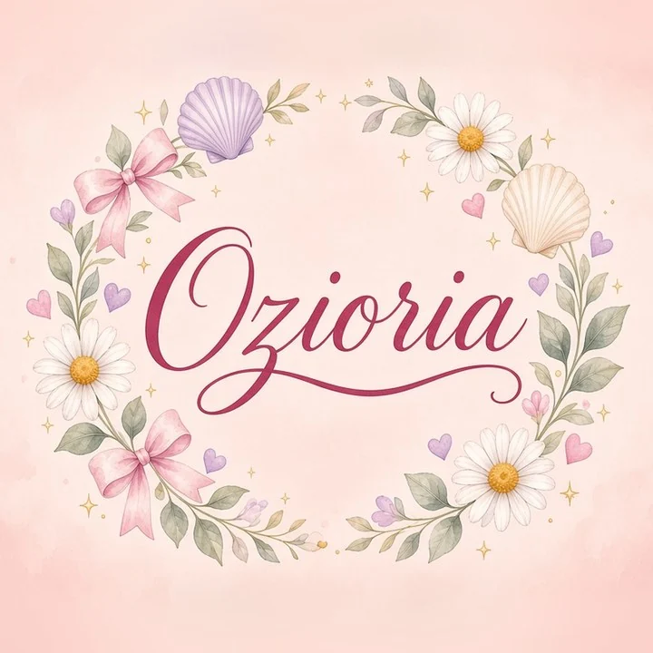 Ozioria-Schriftzug in einem Kranz aus Gänseblümchen, Muscheln, rosa Schleifen und Herzen
