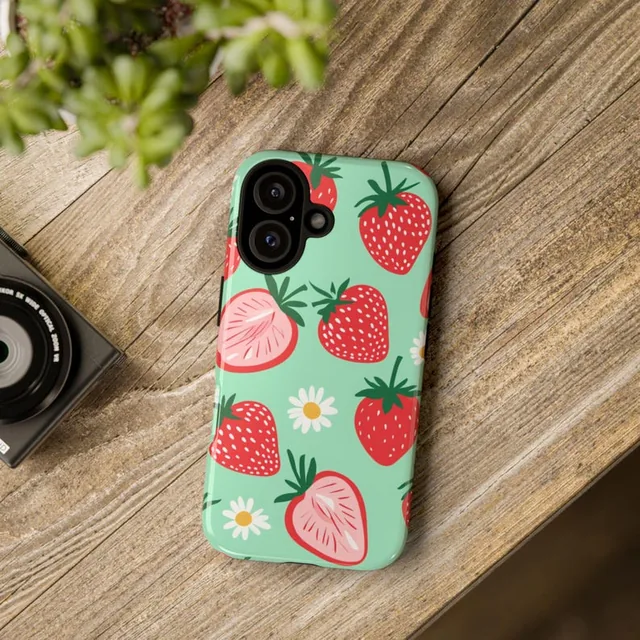 Handyhülle „Erdbeeren“: mintgrüne Hülle mit Erdbeeren und Gänseblümchen