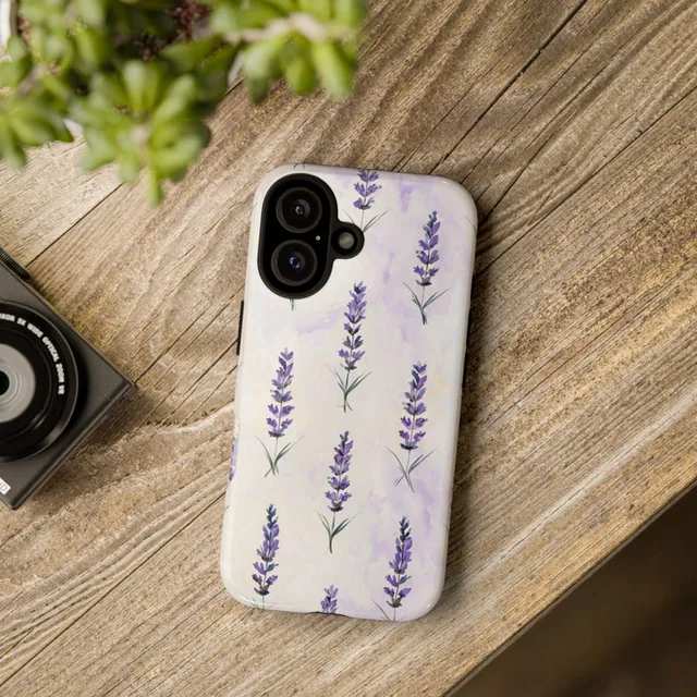 Handyhülle „Lavendel“: cremefarbene Hülle mit Lavendelzweigen im Aquarell-Stil